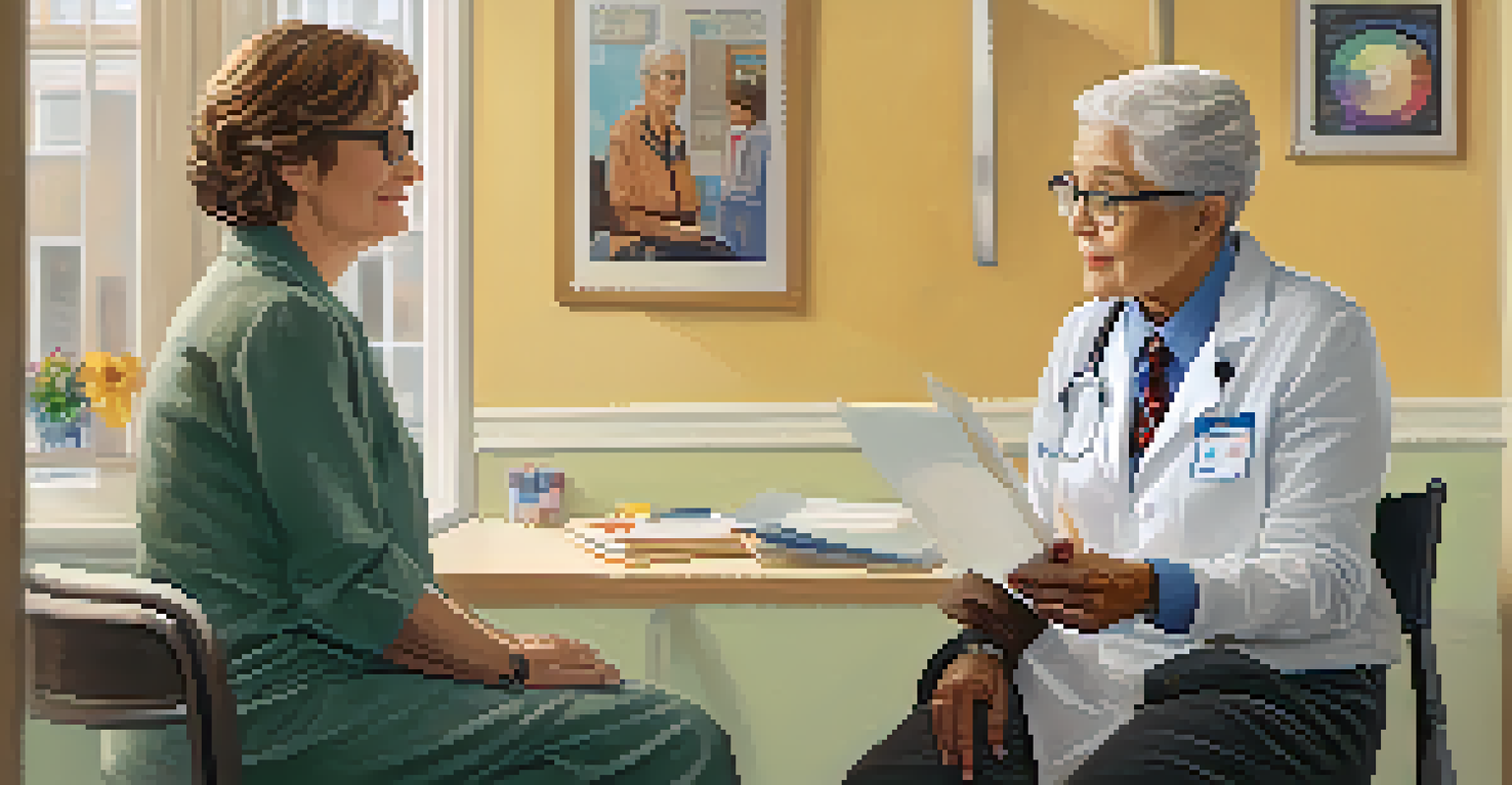 A healthcare provider consulting with an elderly LGBTQ+ man in a bright and welcoming medical office.