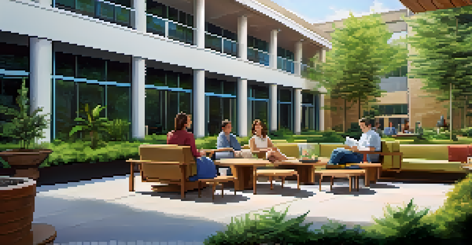 A peaceful outdoor break area in an office complex, featuring employees enjoying their time together in a smoke-free environment.