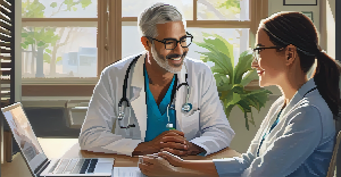 A doctor and a patient in a telehealth consultation, with a warm and inviting healthcare environment.