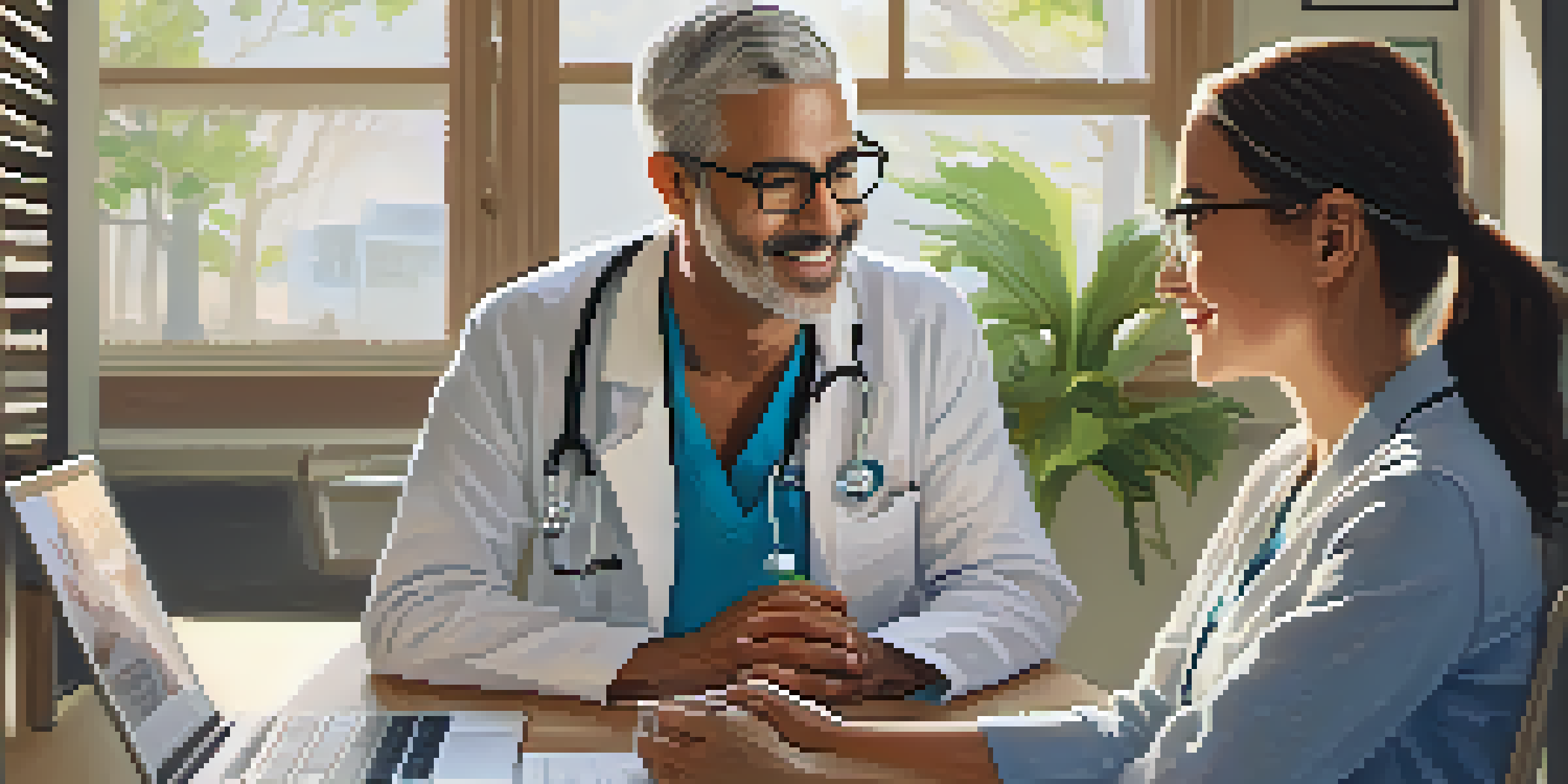 A doctor and a patient in a telehealth consultation, with a warm and inviting healthcare environment.
