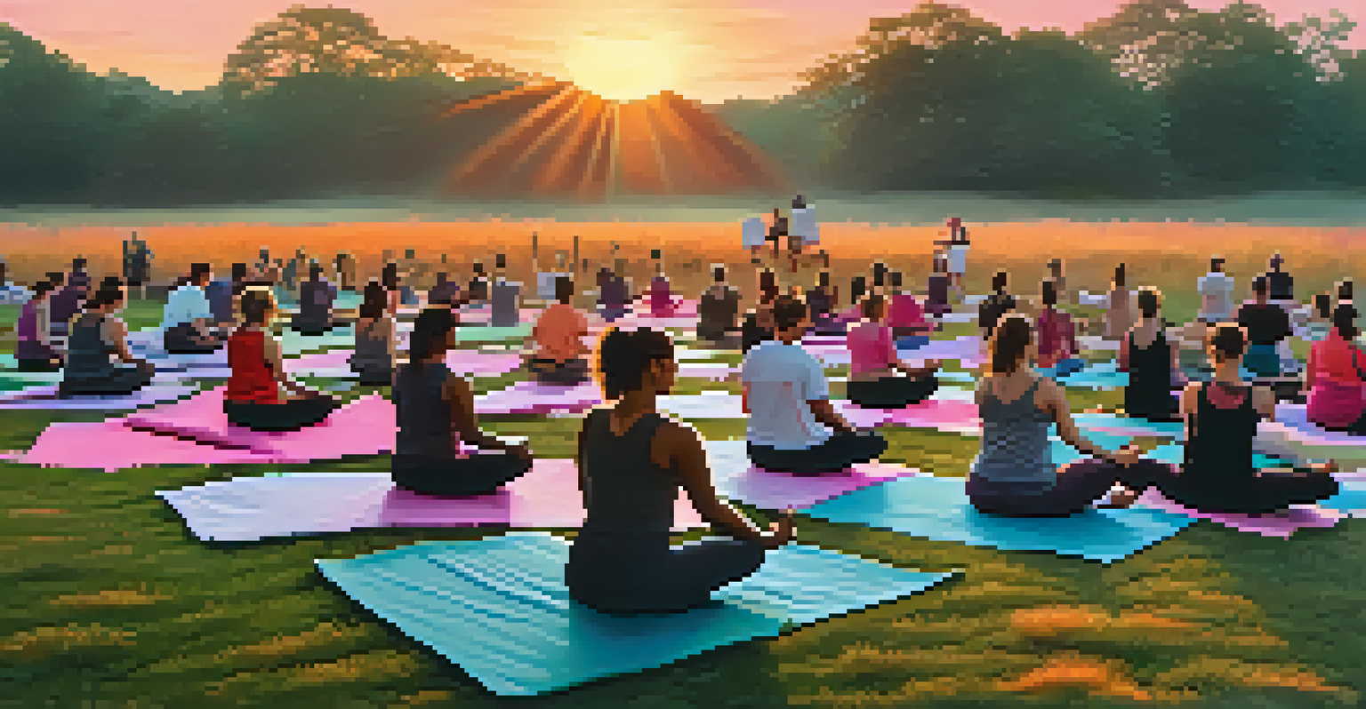 An outdoor yoga class at sunrise with participants practicing on colorful mats in a scenic field.