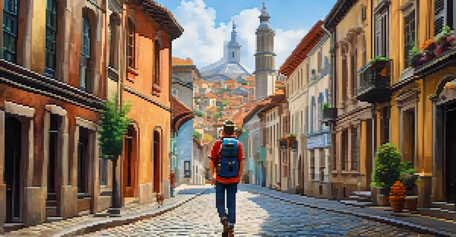 A traveler walking along a cobblestone street in a picturesque city, surrounded by colorful historical buildings.