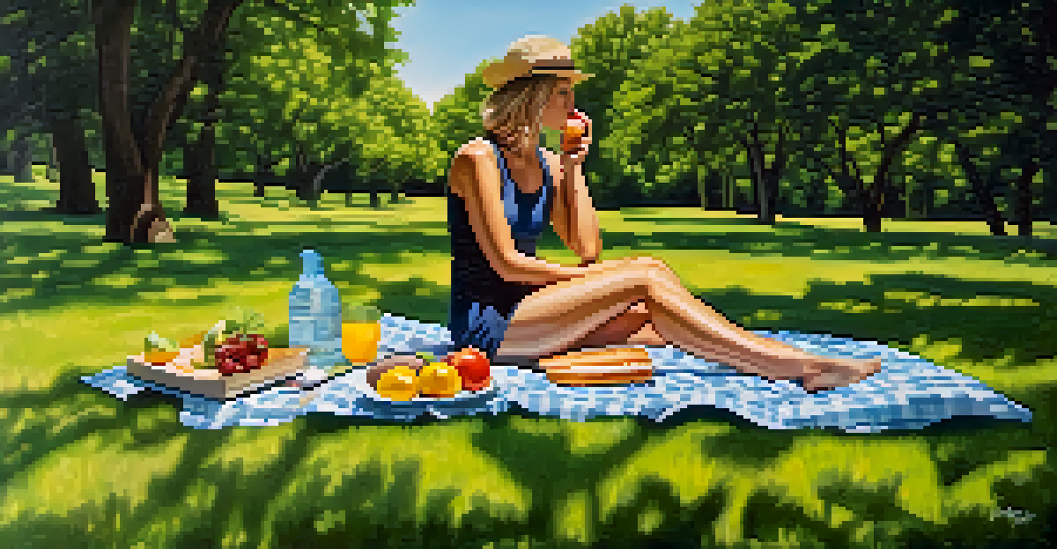 A person enjoying a healthy lunch on a picnic blanket in a tranquil park setting.