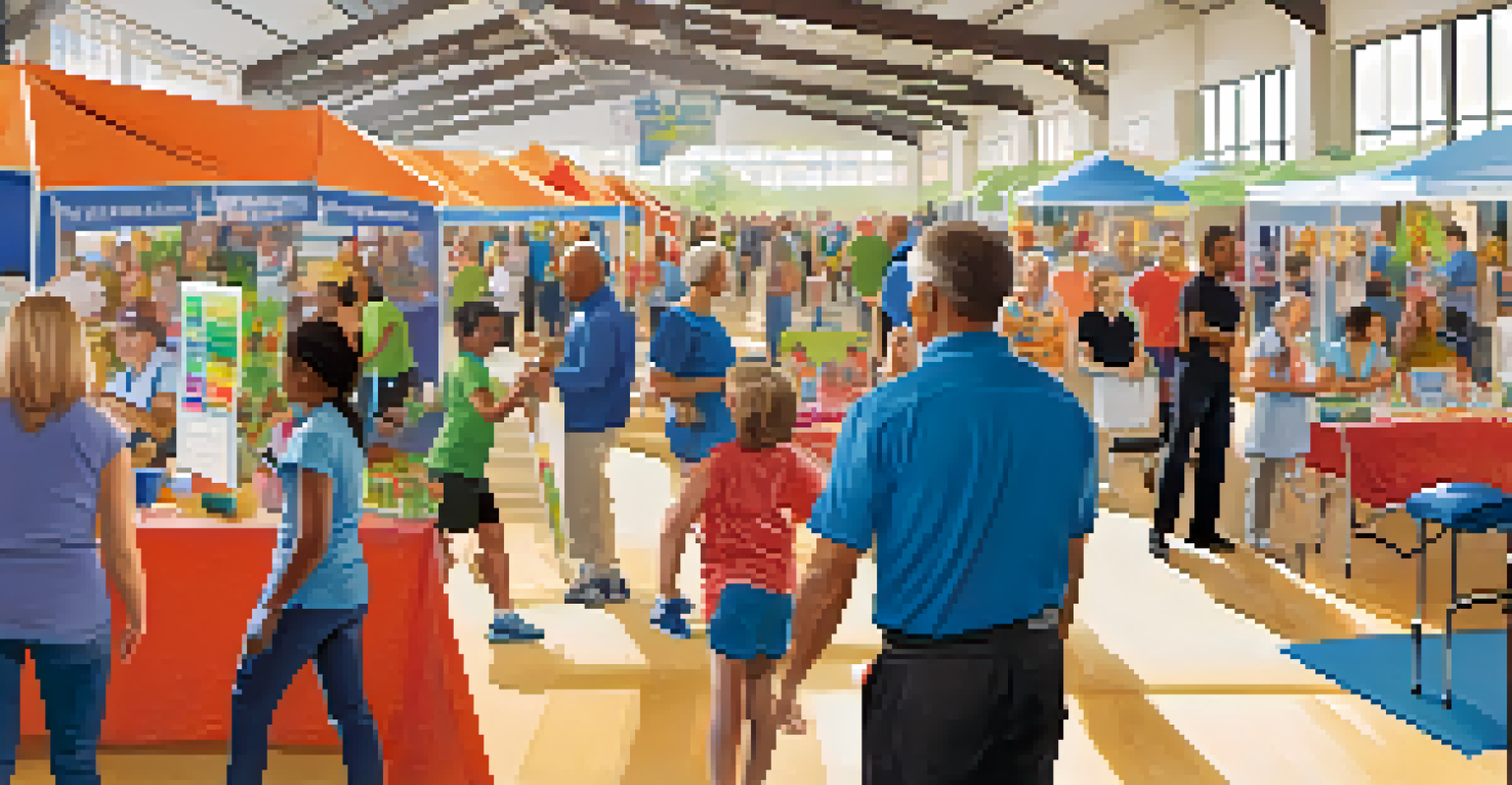 A lively local health fair at a community center with various stalls, fitness demonstrations, and healthcare professionals interacting with attendees.