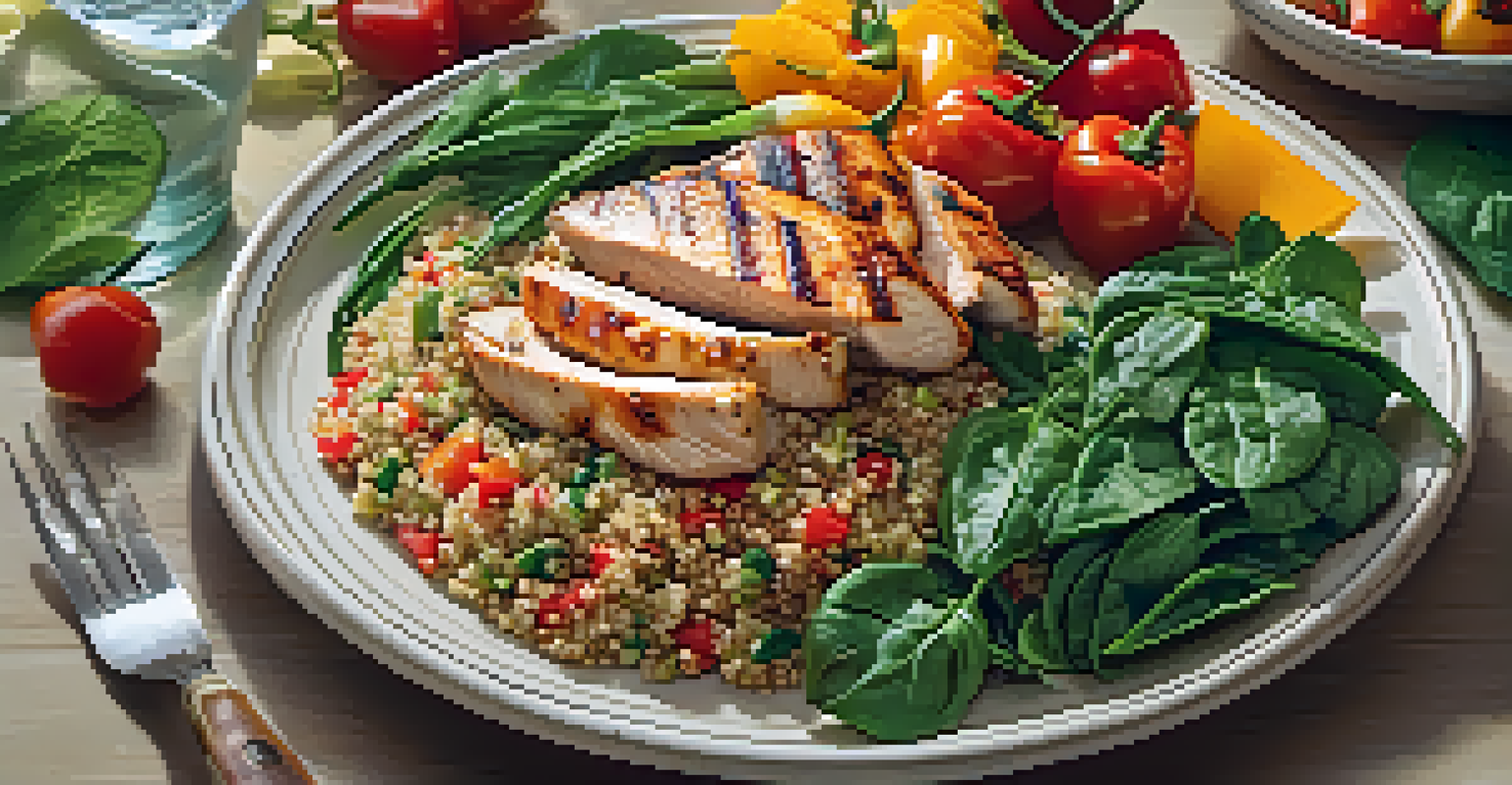 A balanced meal with quinoa, grilled chicken, and colorful vegetables arranged on a plate, with a glass of water beside it.