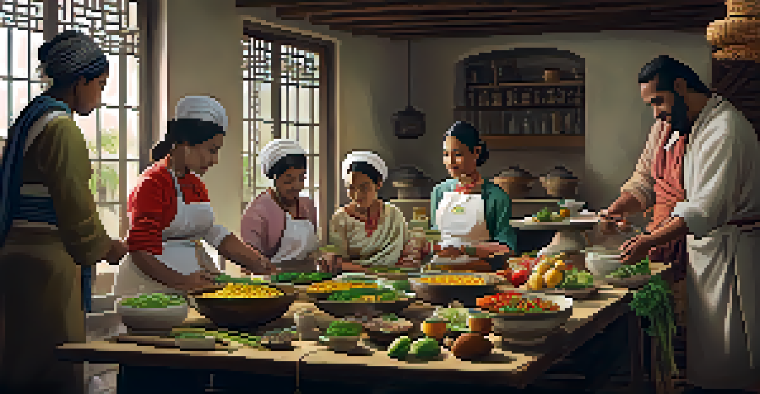 A cooking demonstration highlighting healthy recipes, with a health promoter and engaged participants surrounded by colorful cultural decorations.