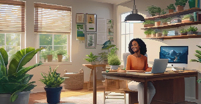 A person in a comfortable home office smiling during a video consultation with a healthcare provider on their laptop.