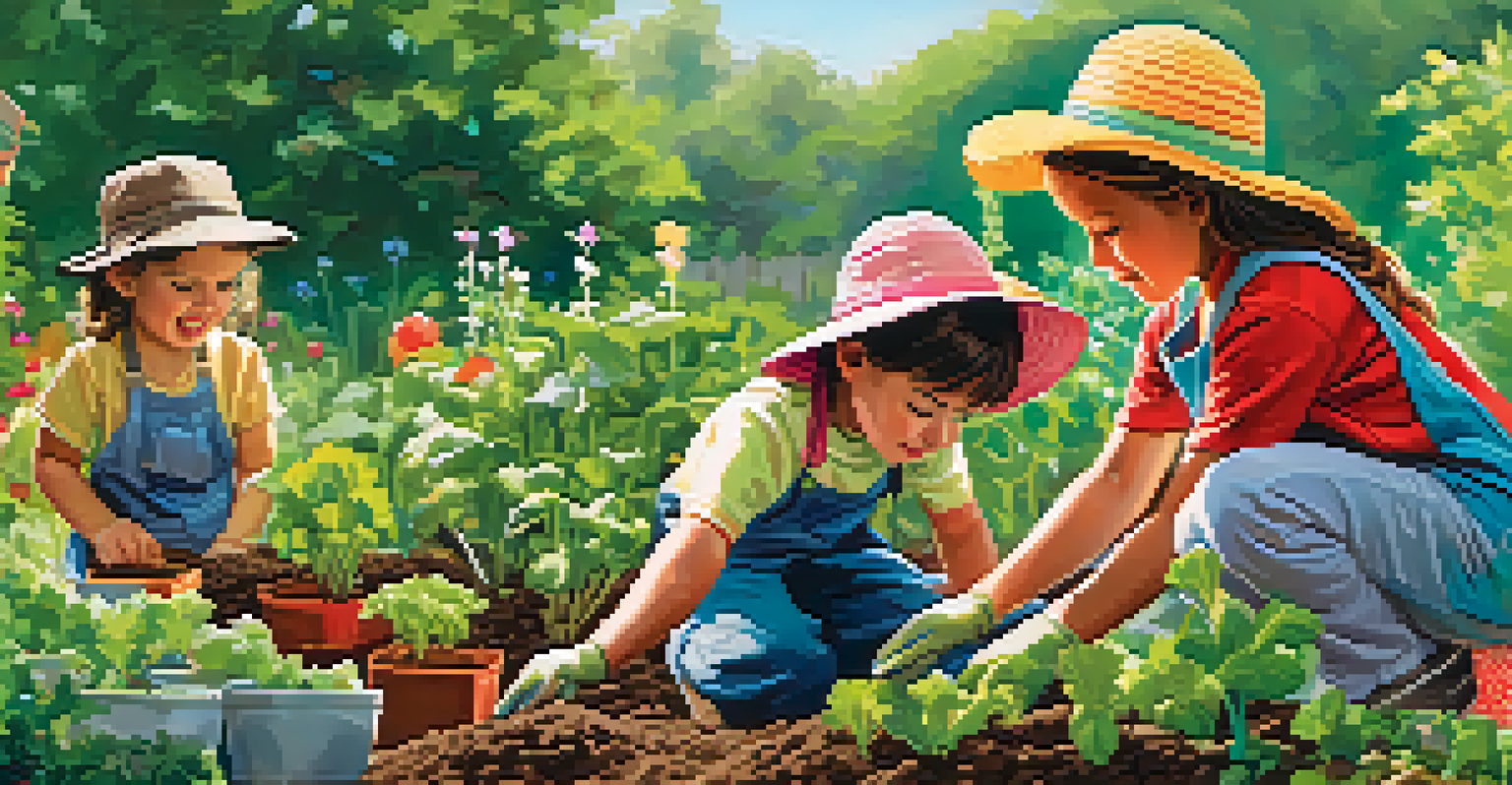 Children planting and nurturing a vibrant vegetable garden outdoors, surrounded by green plants and colorful flowers.
