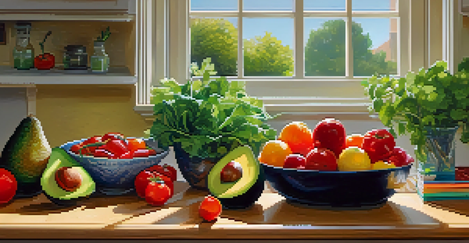 A bright kitchen filled with fresh fruits and vegetables on a wooden countertop, with sunlight streaming in from a window.
