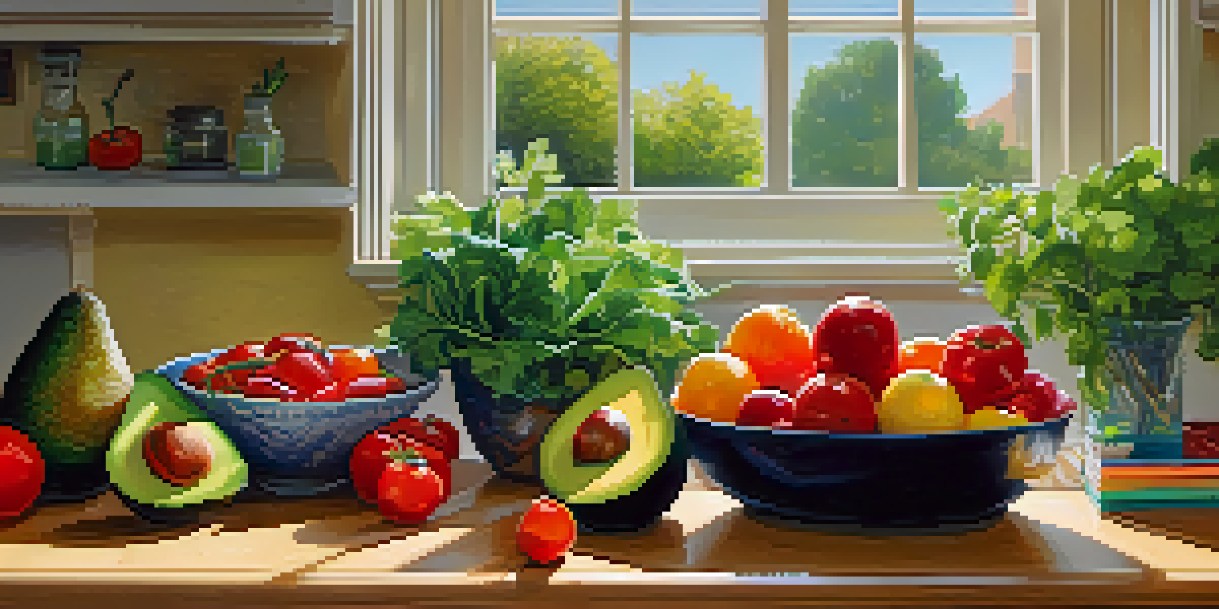 A bright kitchen filled with fresh fruits and vegetables on a wooden countertop, with sunlight streaming in from a window.