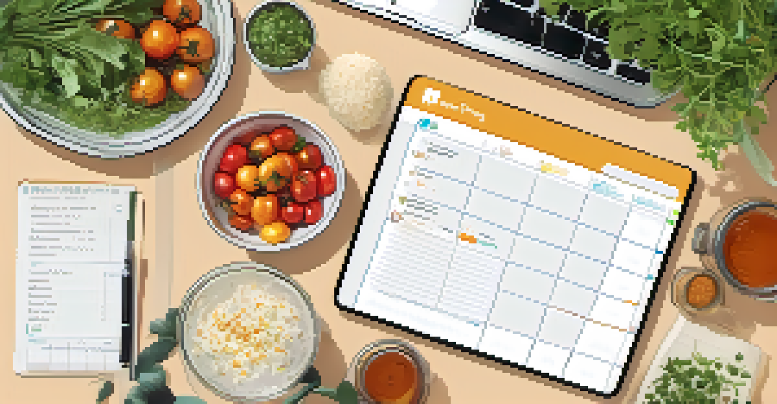An overhead view of a meal planning session with a notepad, laptop, and ingredients on a kitchen counter, complemented by potted herbs.