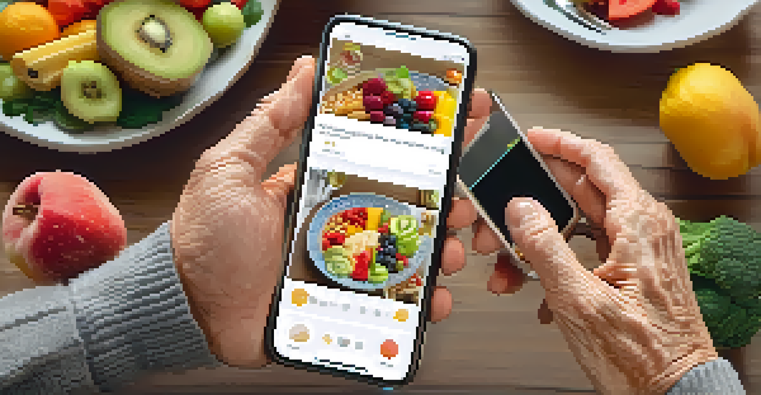Close-up of a senior's hands using a mobile app to count carbohydrates while having a balanced meal.