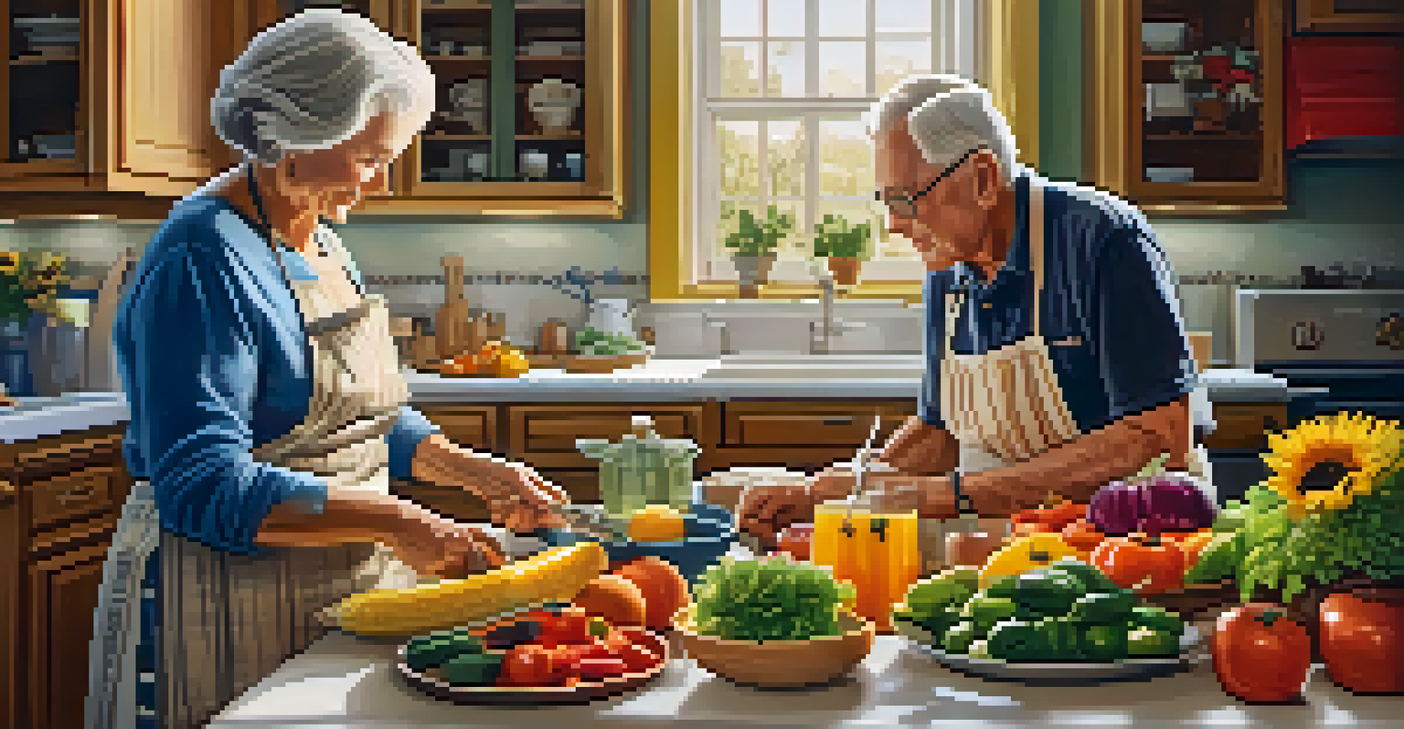 An elderly couple cooking a healthy meal together in a bright kitchen, emphasizing nutrition and companionship.
