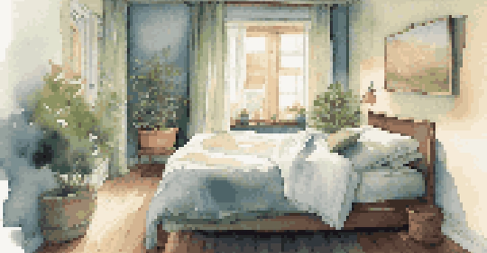 A peaceful bedroom with a neatly made bed, warm lighting, and calming colors, designed for restful sleep.