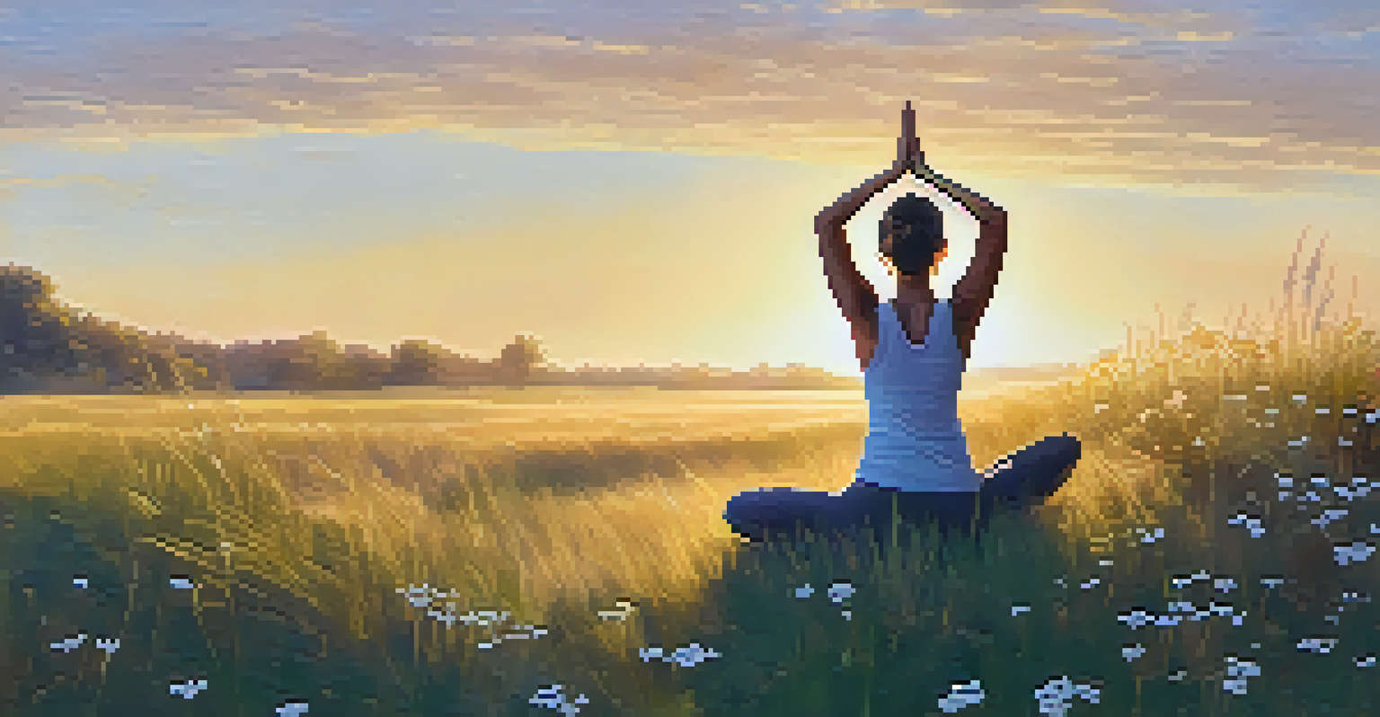 A person practicing yoga outdoors at sunrise in a field of wildflowers.