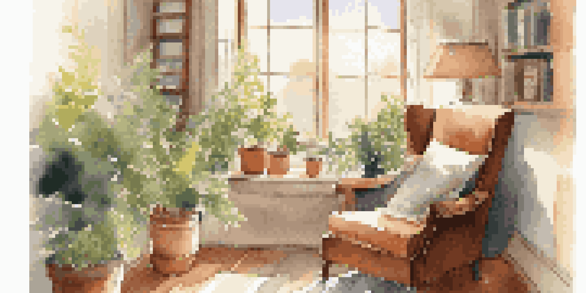 A cozy reading nook with a plush armchair, a cup of tea on a wooden table, and sunlight streaming through a window.