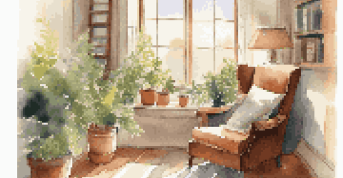A cozy reading nook with a plush armchair, a cup of tea on a wooden table, and sunlight streaming through a window.