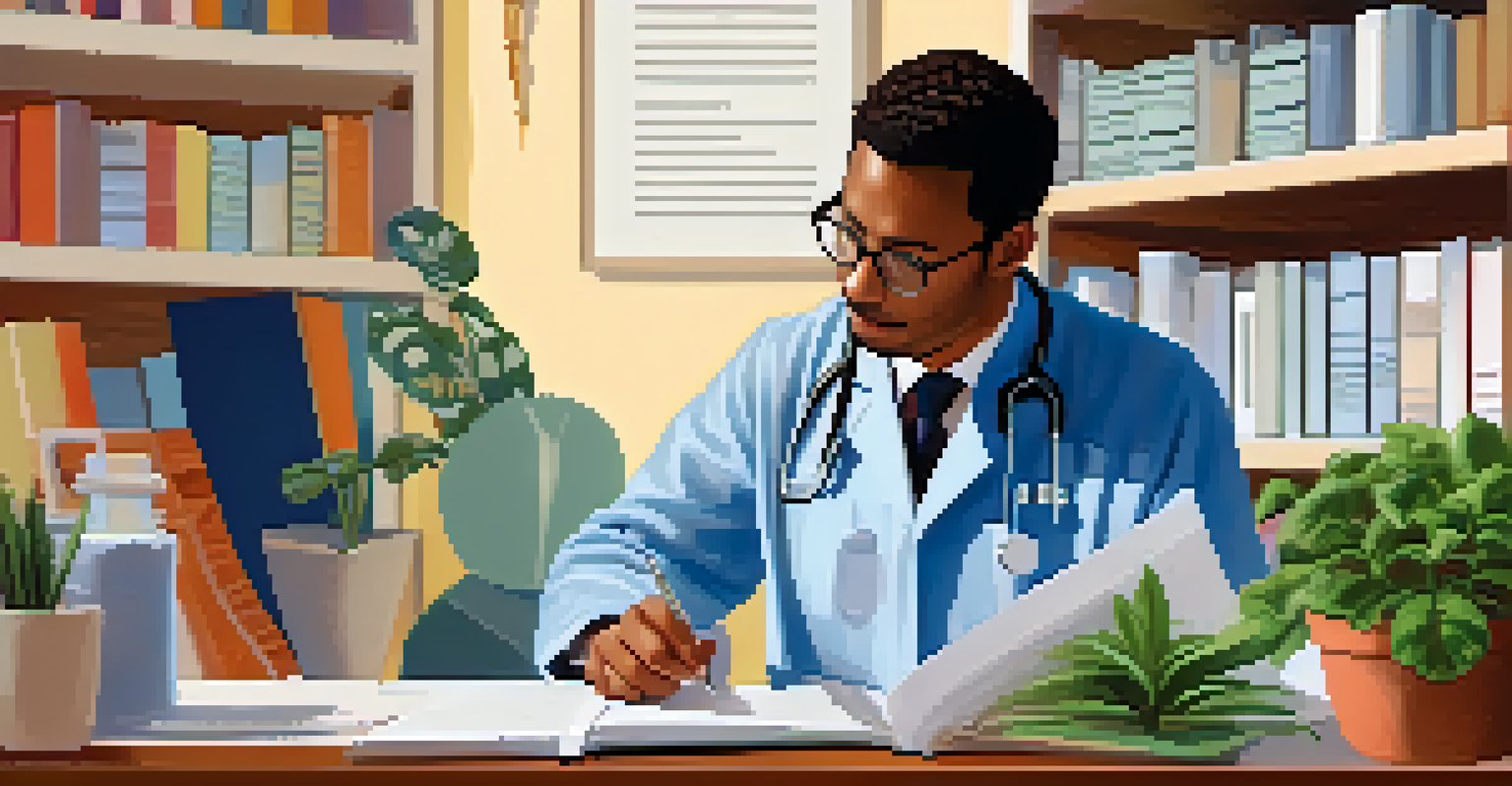 A healthcare professional explaining medical information to a patient, with visual aids on the desk and a welcoming office environment.