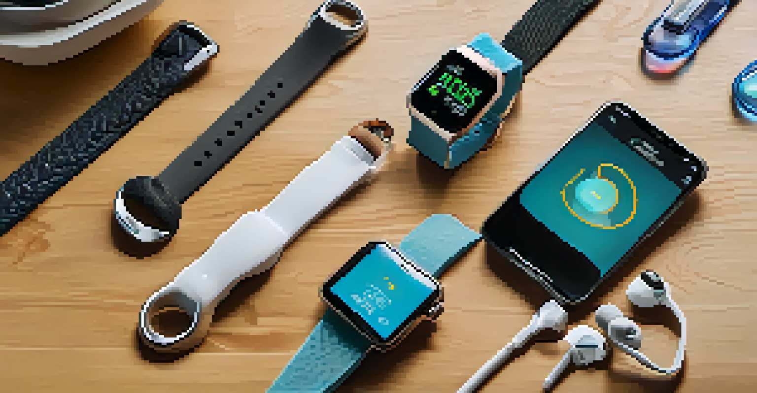 Various wearable health devices on a wooden table, alongside a magazine and a glass of water.