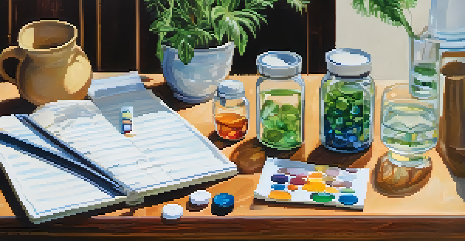 A table with colorful supplements, a large glass of water, a small potted plant, and a notepad for hydration scheduling, representing balanced nutrition.