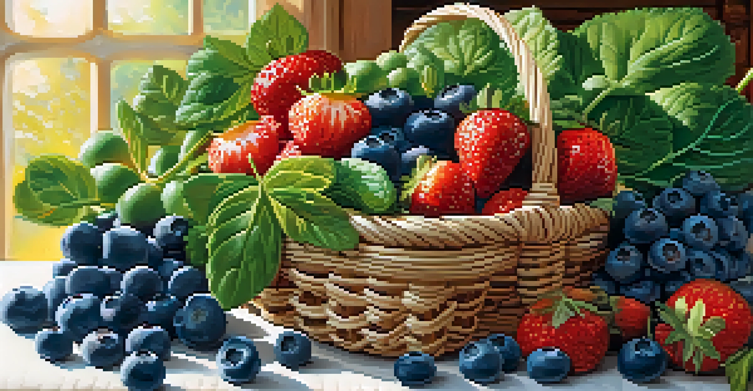 A basket filled with blueberries, strawberries, and leafy greens on a kitchen counter, highlighting healthy foods for aging.