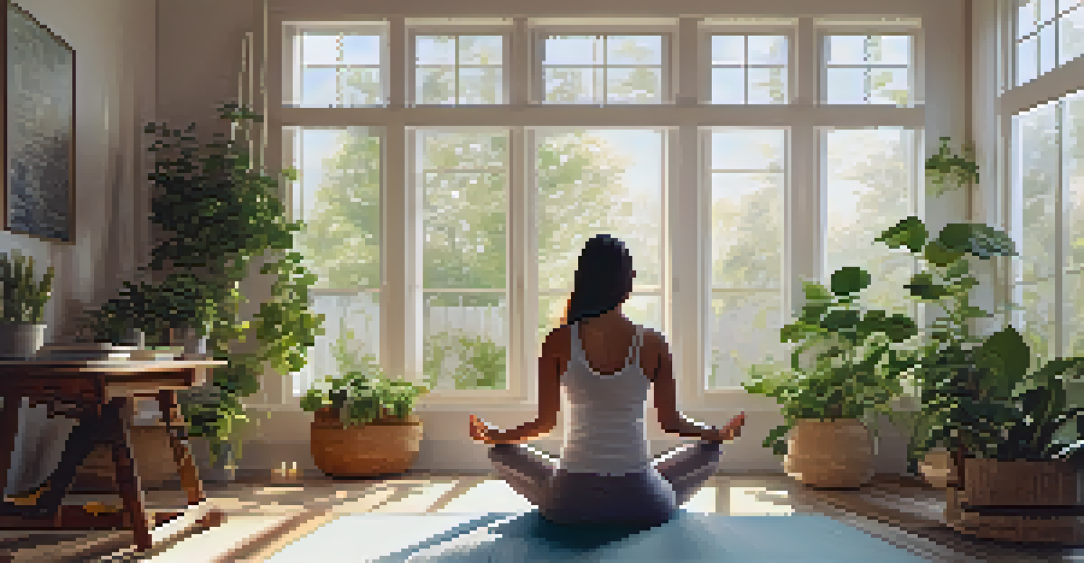 A person practicing yoga indoors with natural light and plants around them.