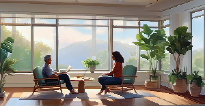 A wellness coach and client sitting together in a bright room, smiling and having a conversation, with plants and natural light in the background.