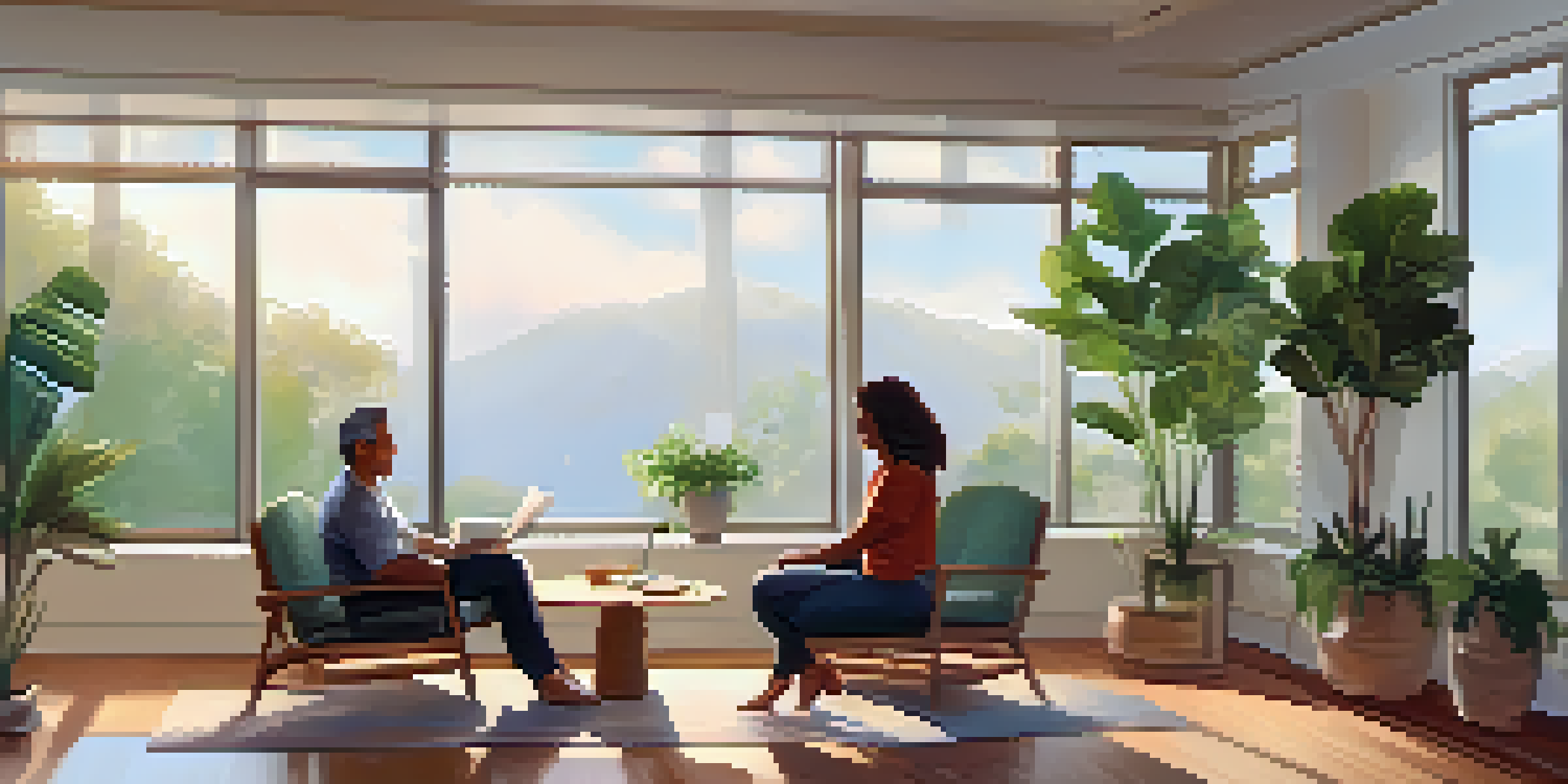 A wellness coach and client sitting together in a bright room, smiling and having a conversation, with plants and natural light in the background.