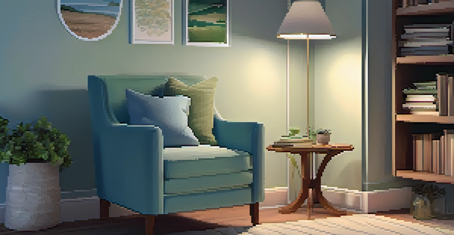 A cozy reading nook in a bedroom, featuring a soft armchair, a small bookshelf, and calming decor, ideal for relaxation.