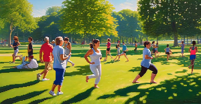 A diverse group of people exercising in a sunny park, including jogging, cycling, and yoga, surrounded by greenery and flowers.
