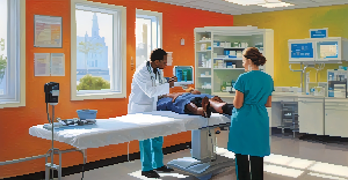 A doctor measuring a patient's blood pressure in a bright clinic with anatomical posters and natural light.