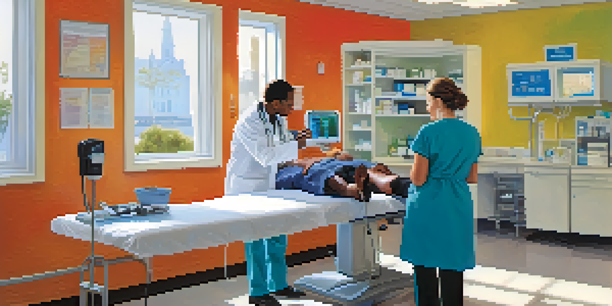 A doctor measuring a patient's blood pressure in a bright clinic with anatomical posters and natural light.