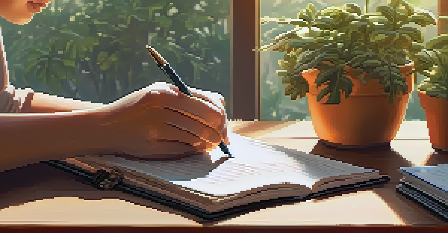 A person's hands writing in a journal on a desk, with a motivational quote and a plant in the background.