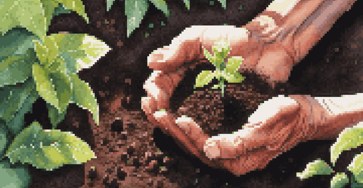 A close-up of hands planting seeds in dark soil, surrounded by lush green plants and colorful flowers under soft sunlight.