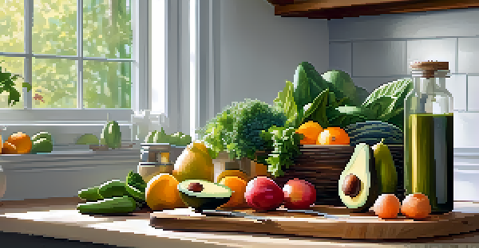 A kitchen countertop filled with fresh fruits, vegetables, and nuts, illuminated by sunlight.