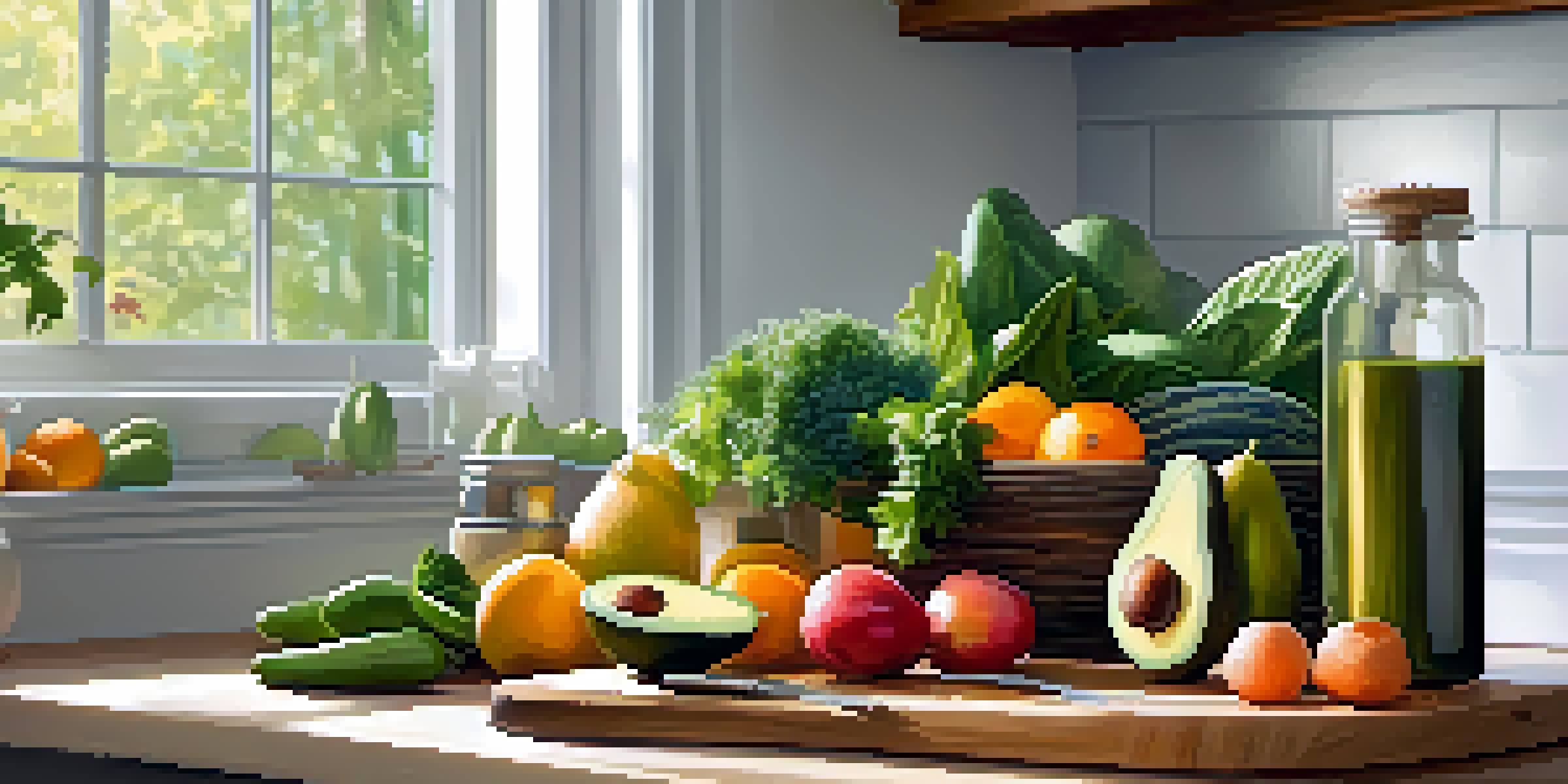 A kitchen countertop filled with fresh fruits, vegetables, and nuts, illuminated by sunlight.