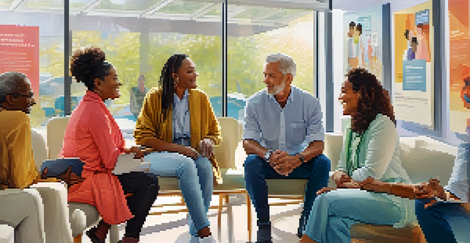 A diverse group of adults in a modern clinic discussing vaccination options with colorful health posters around them.