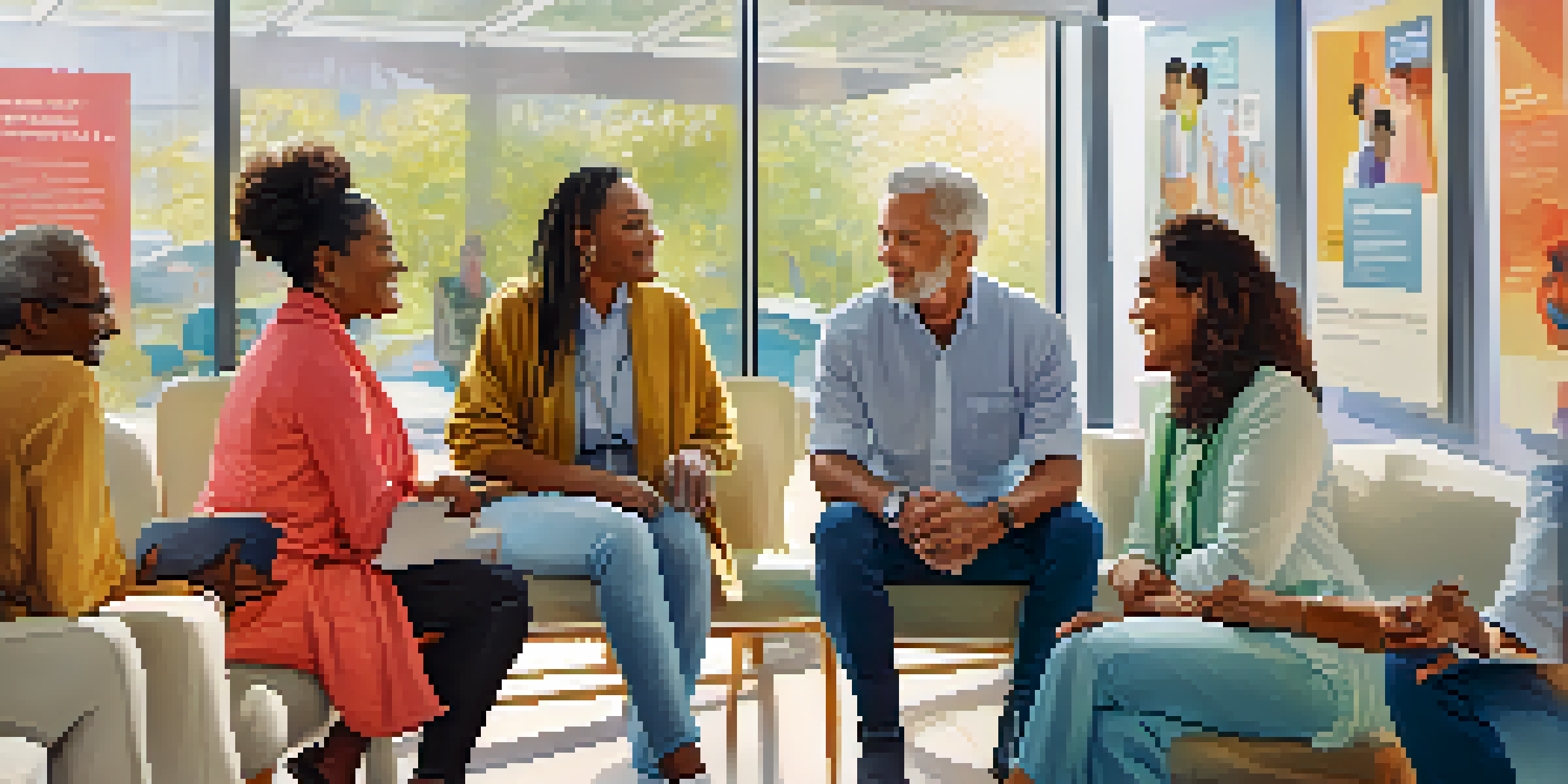 A diverse group of adults in a modern clinic discussing vaccination options with colorful health posters around them.
