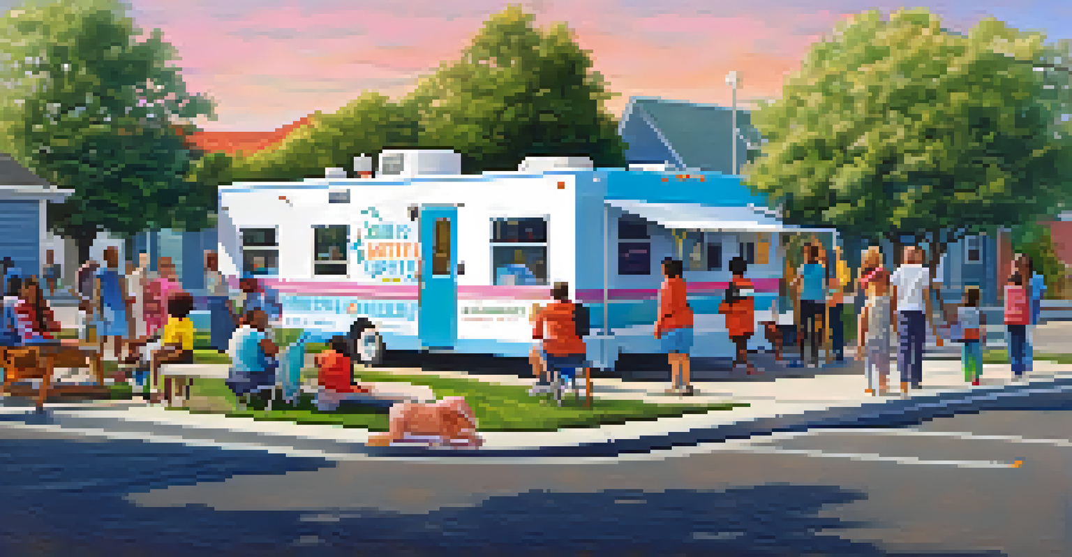 A colorful mobile mental health clinic in a lively community, with people of different backgrounds approaching it for support.