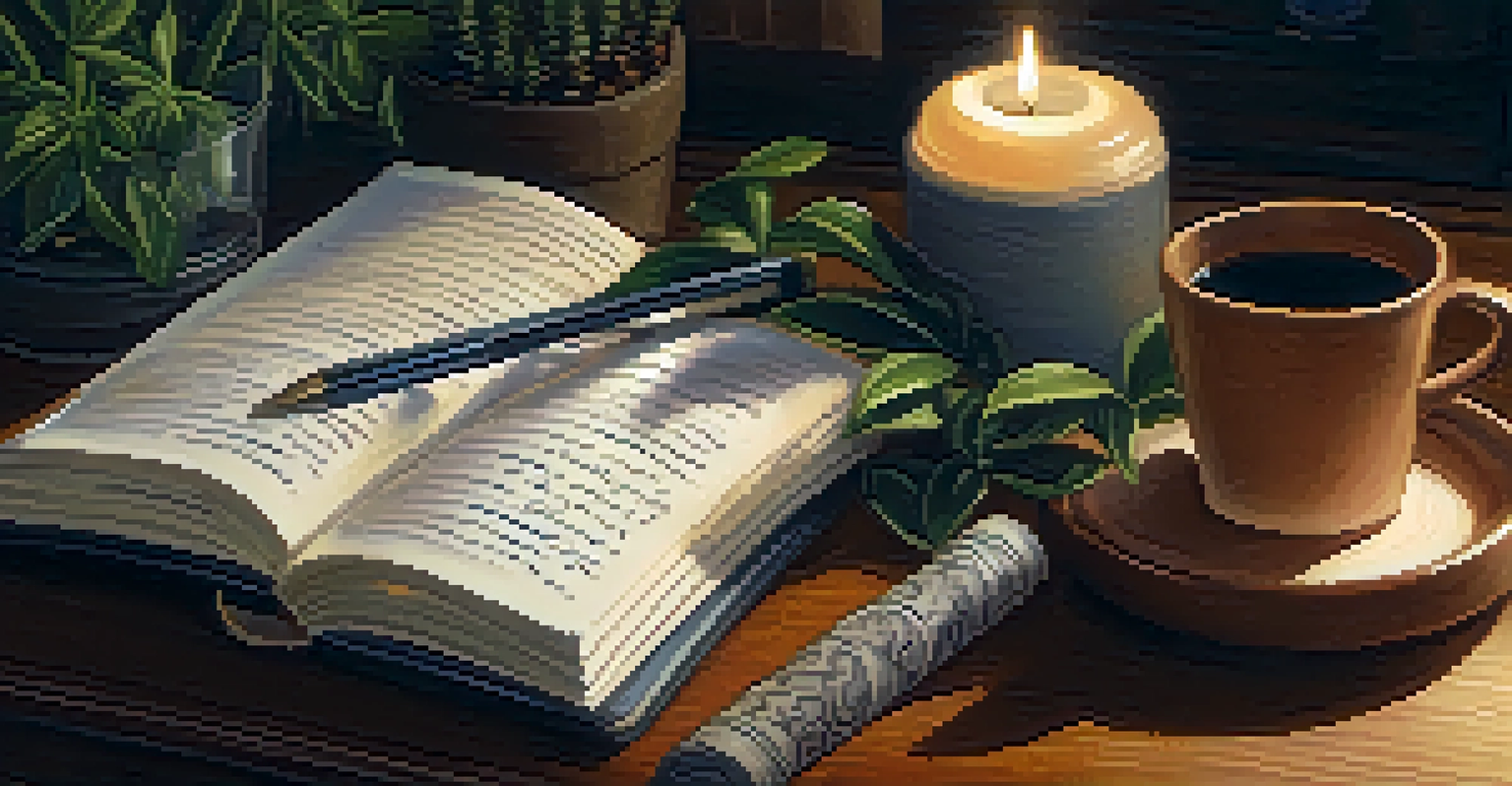 A hand writing in a journal surrounded by a candle, tea, and a plant, creating a calming atmosphere.