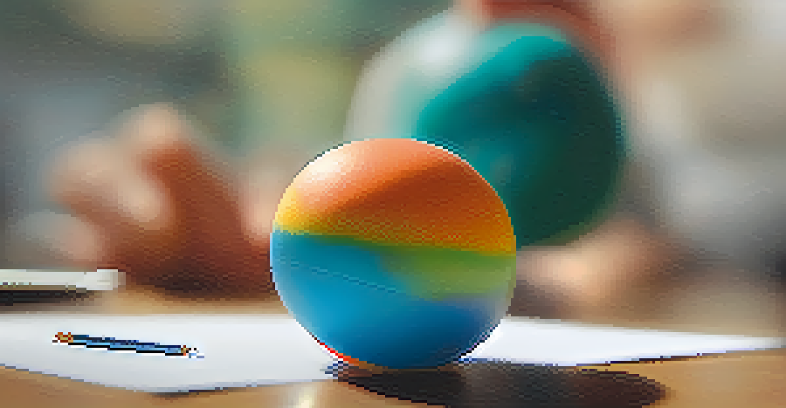 A close-up of a hand squeezing a stress ball with a therapy session in the background.