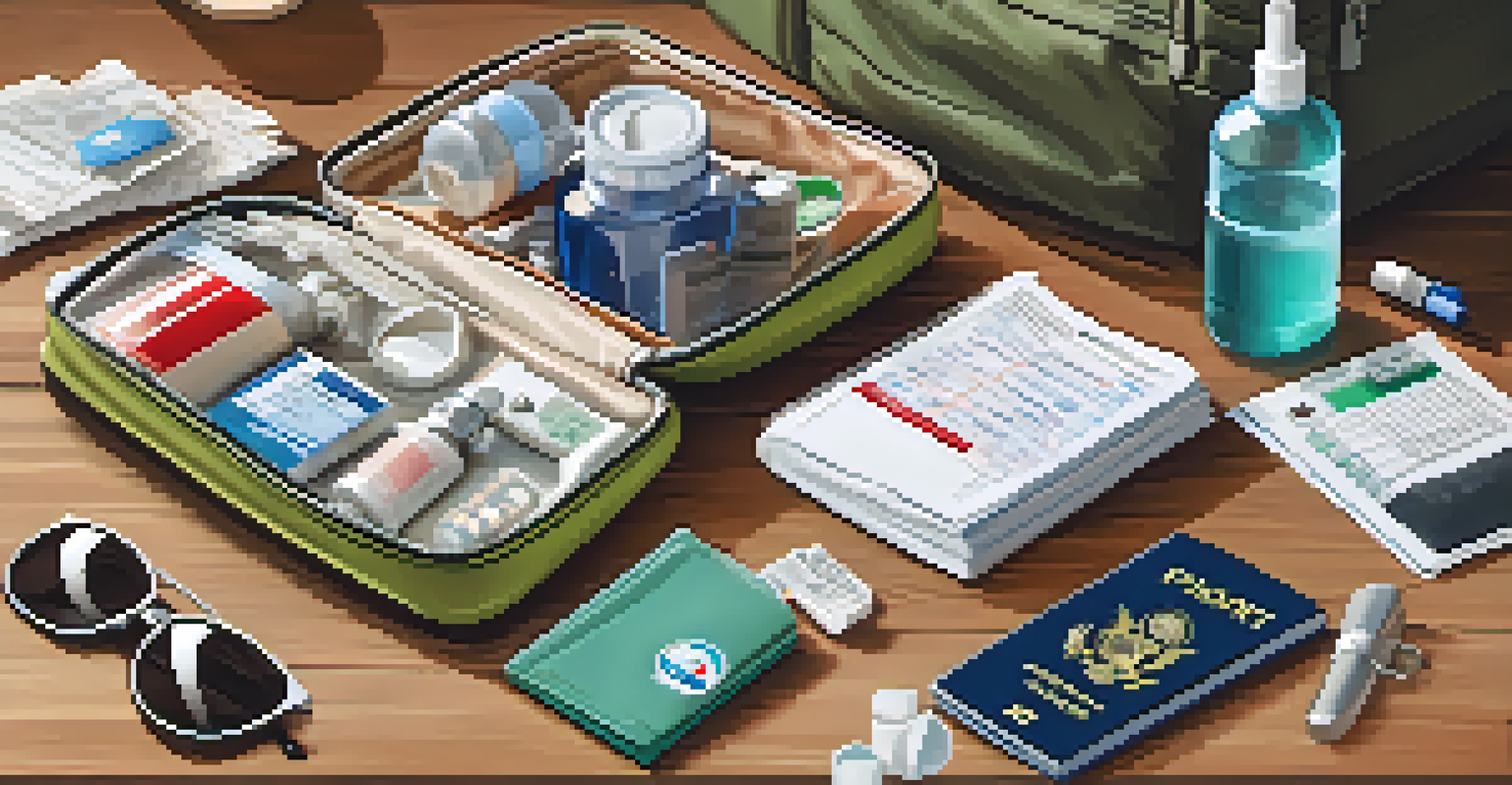 A travel kit containing health supplies, travel documents, and a globe in the background.
