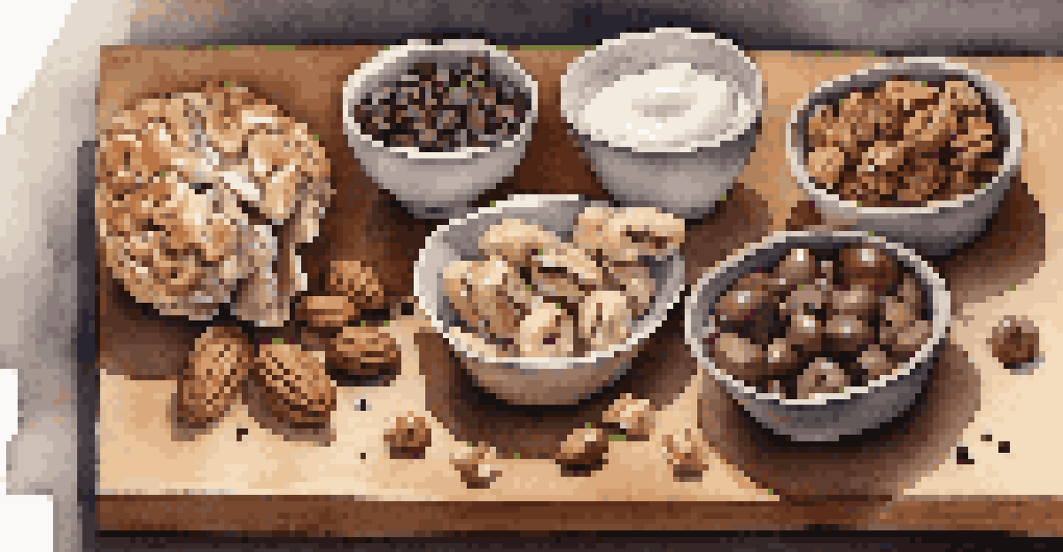 A variety of brain-boosting snacks including walnuts, dark chocolate, yogurt, and seeds arranged on a cutting board.