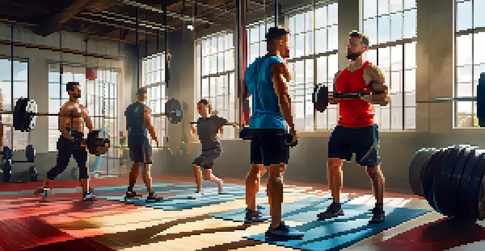 A diverse group of CrossFit athletes training in a modern gym, showcasing various exercises with intense focus and energy.