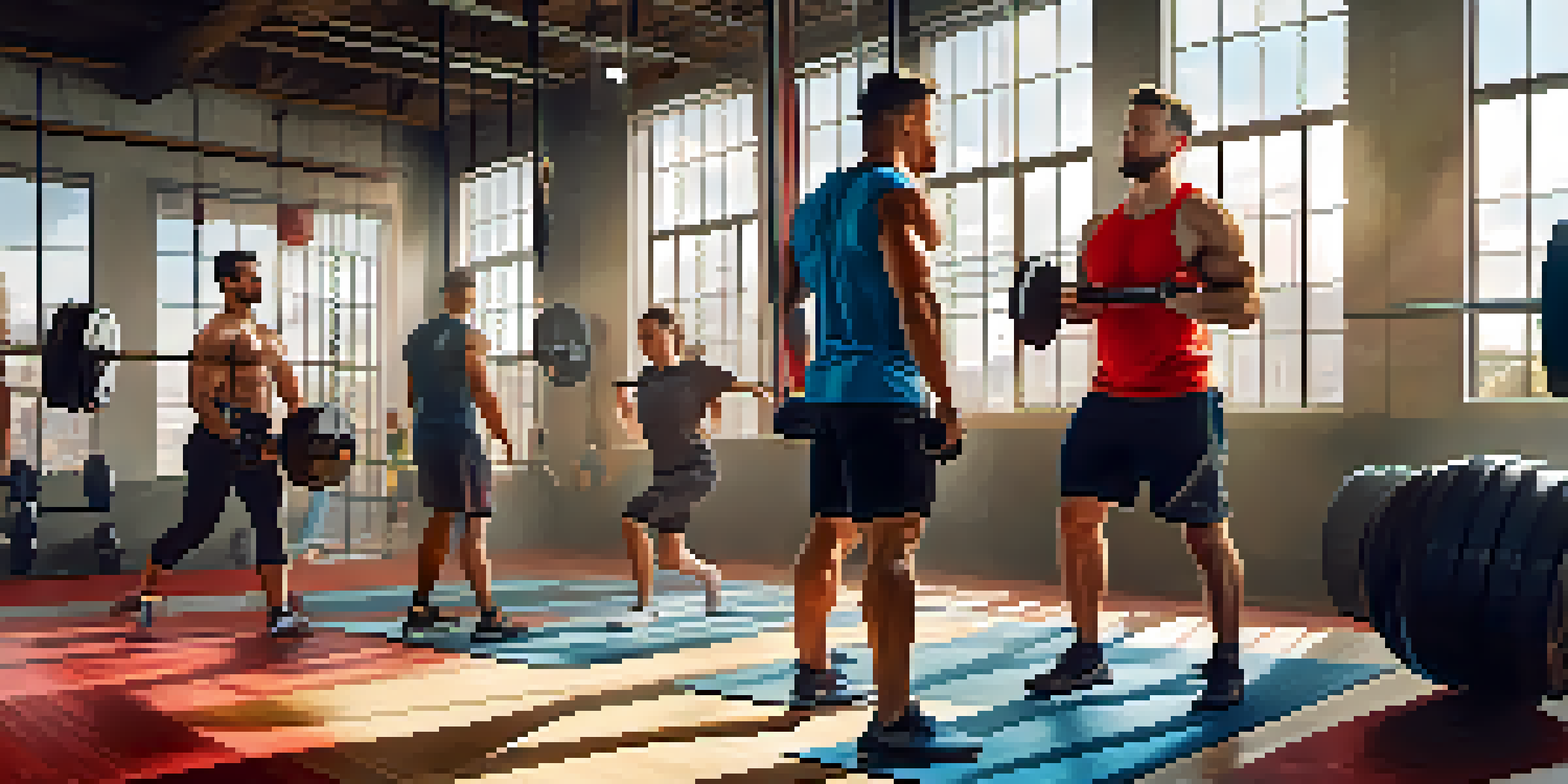 A diverse group of CrossFit athletes training in a modern gym, showcasing various exercises with intense focus and energy.