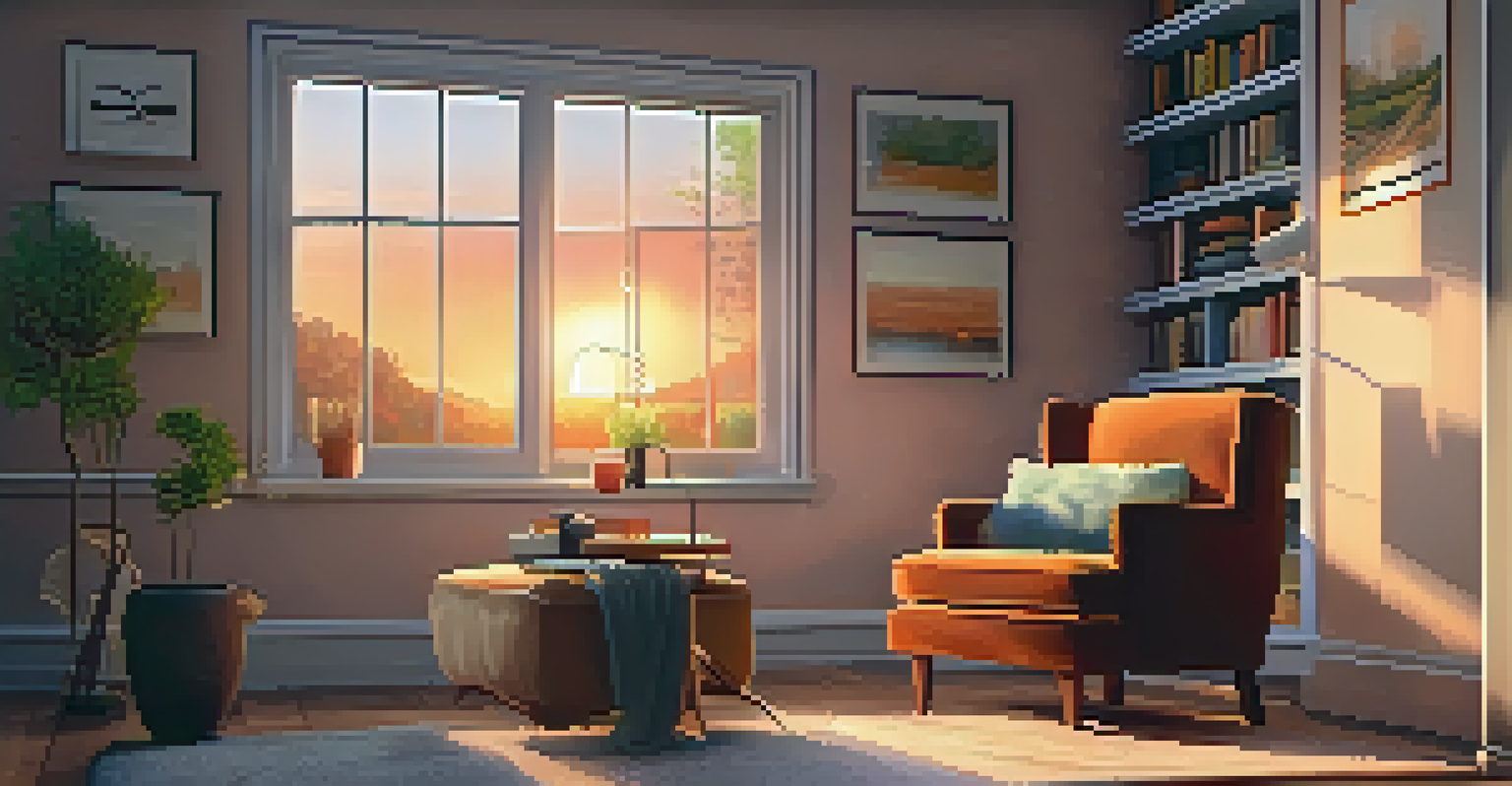 A cozy living room nook with an armchair, tea, and books, illuminated by warm light, with a sunset visible through the window.
