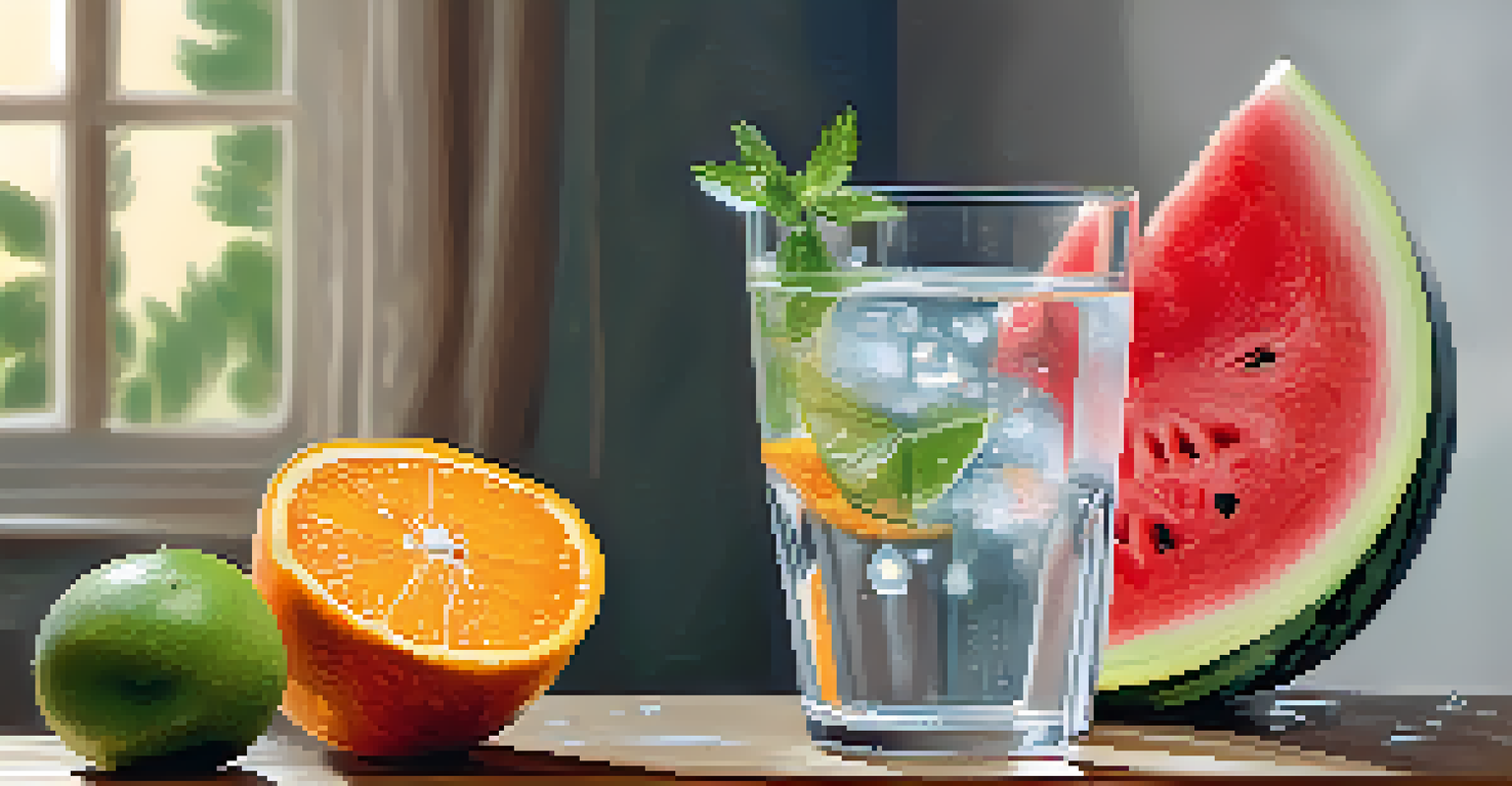 A close-up of a glass of water with fresh fruits around it, highlighting the importance of hydration.