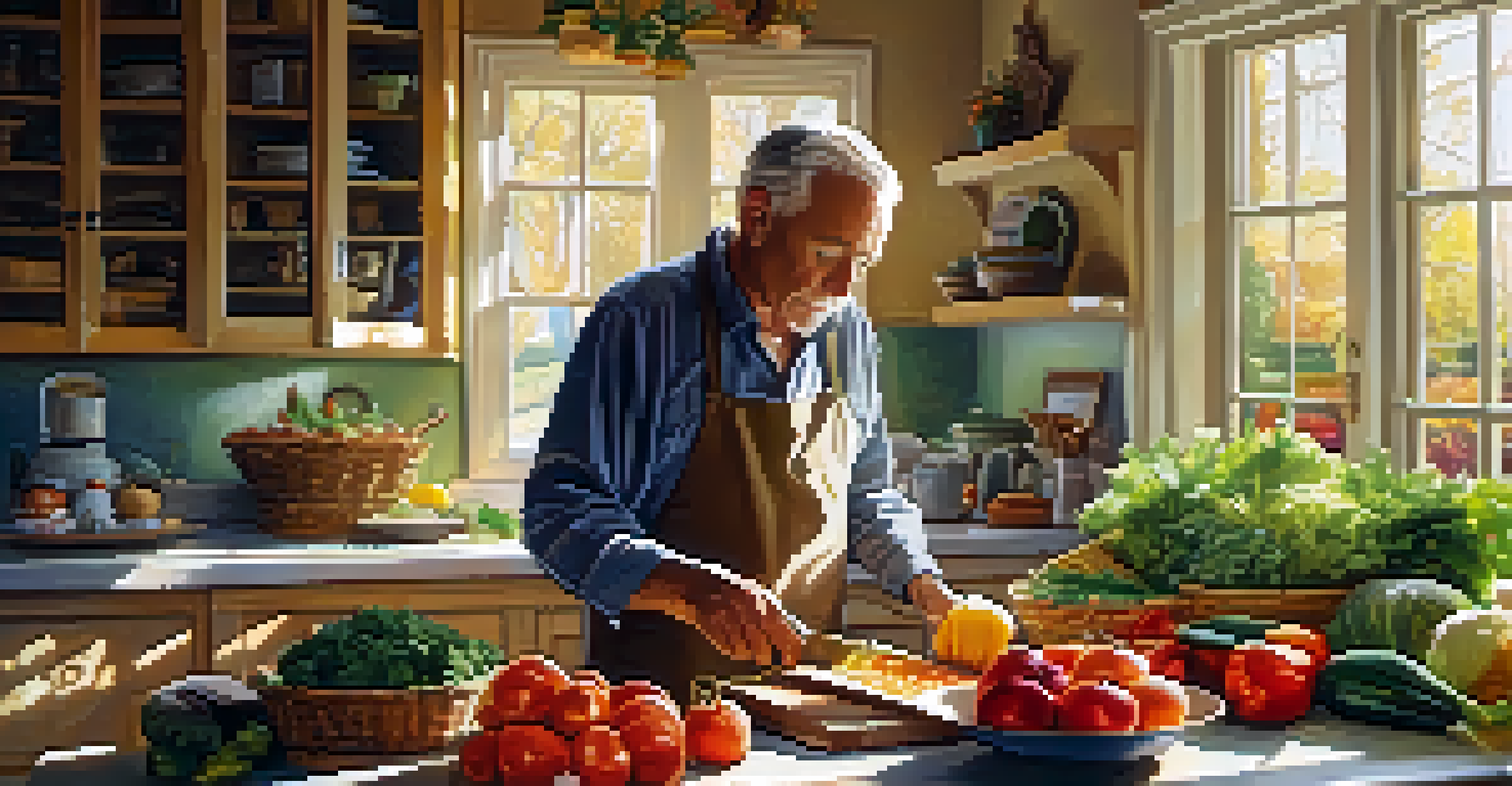 An older man cooking in a bright kitchen, surrounded by fresh vegetables and fruits.