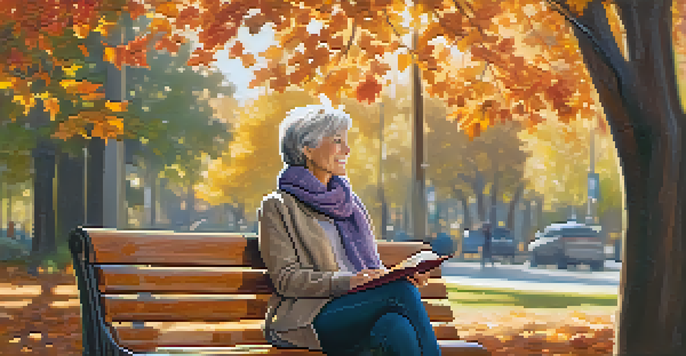 A woman in her late 50s sits on a park bench surrounded by colorful autumn leaves, smiling and writing in a journal under warm sunlight.