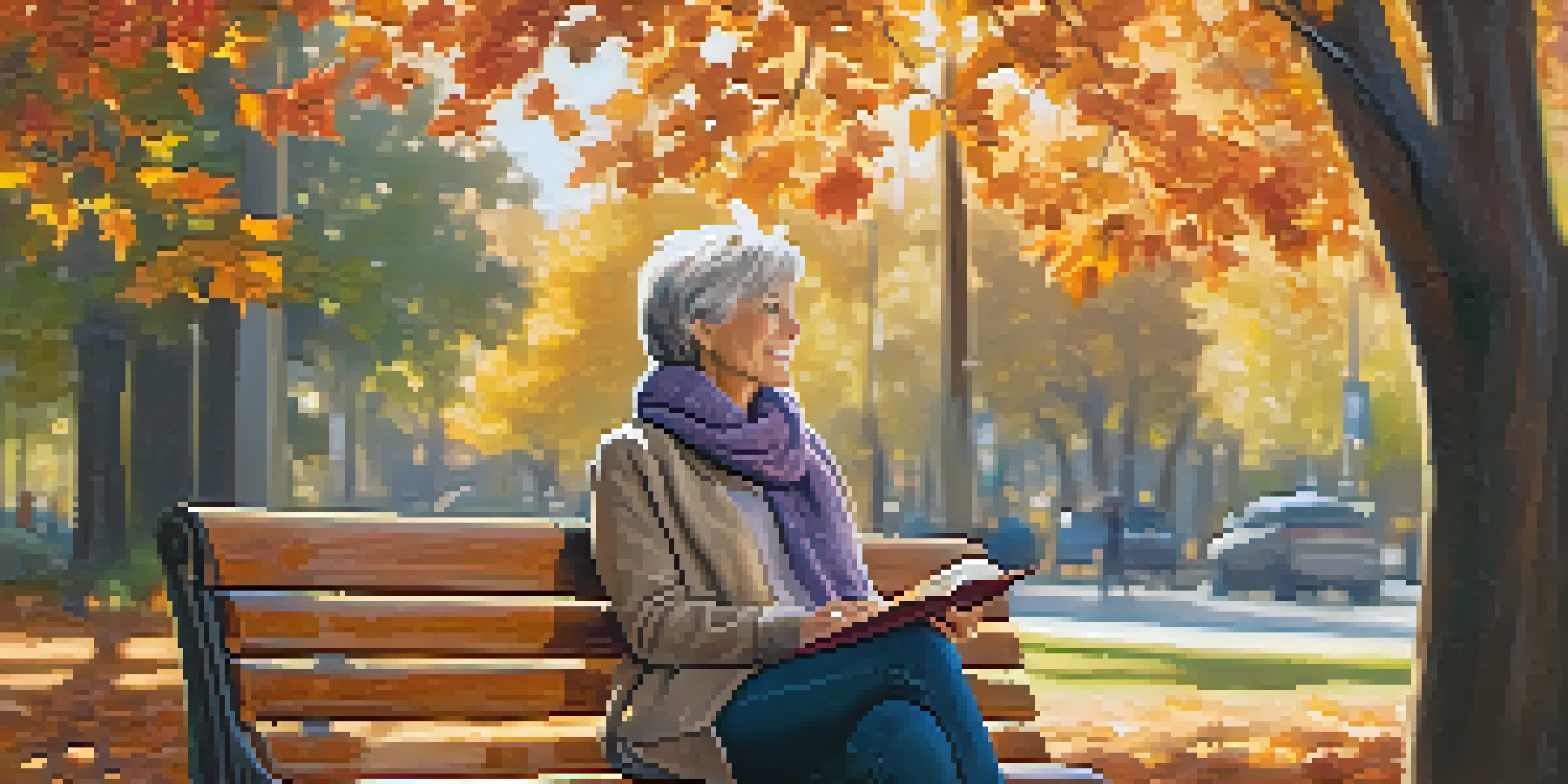 A woman in her late 50s sits on a park bench surrounded by colorful autumn leaves, smiling and writing in a journal under warm sunlight.